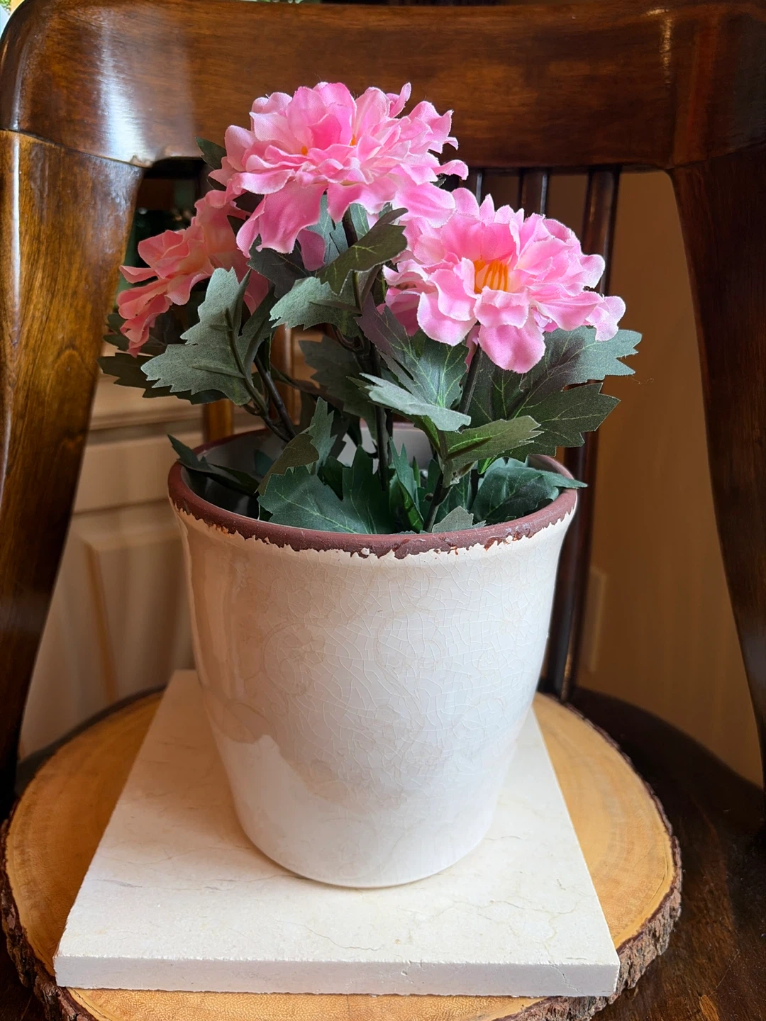 Crackle Vanilla Glazed Pot with Floral Details