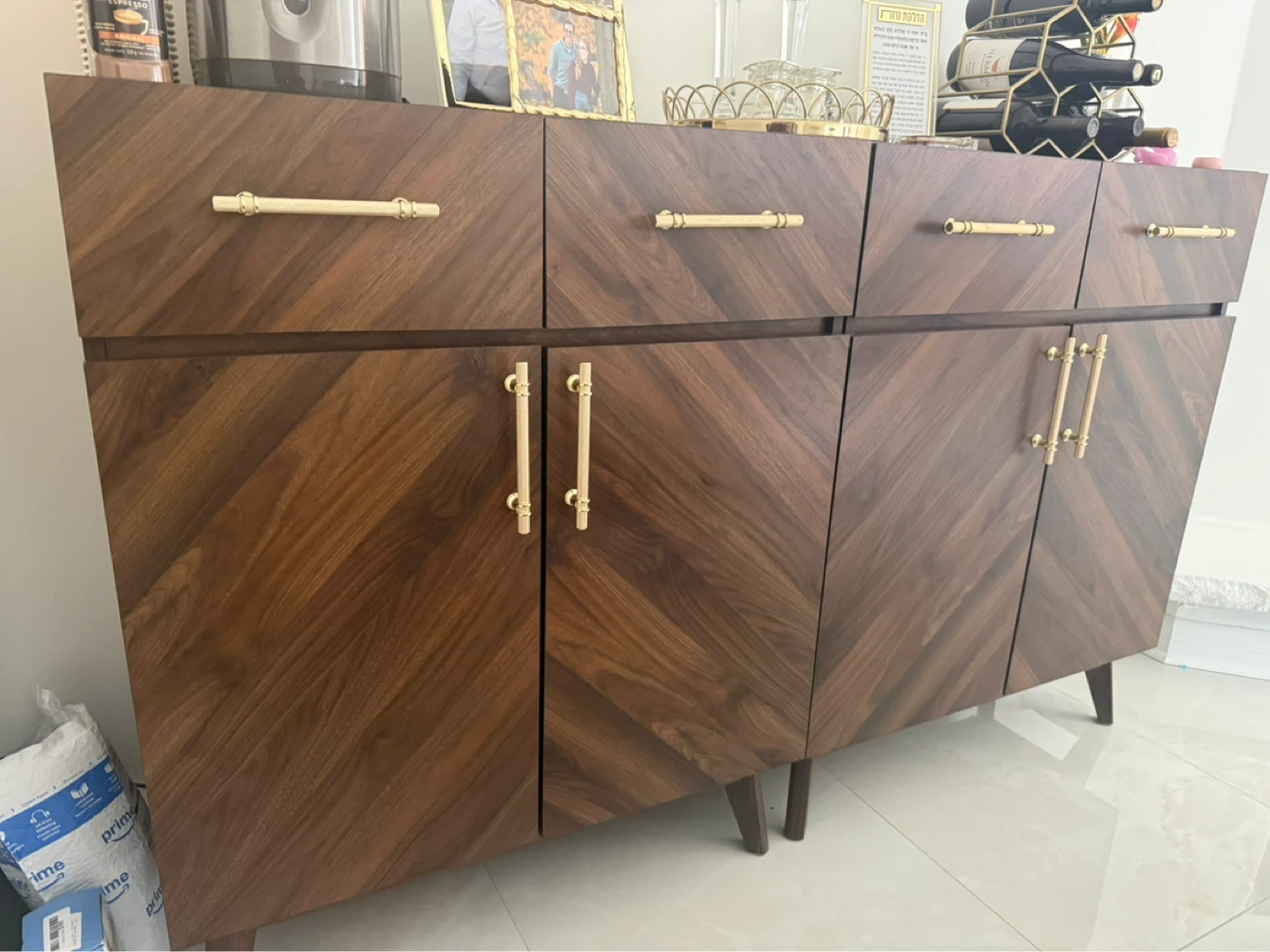 Walnut Herringbone Credenza with Brass Hardware