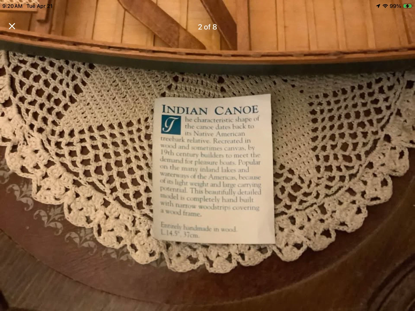 Hand Crafted Wood “Indian Canoe” w Two Cane Seats & Two Oars 🐞 - photo 2