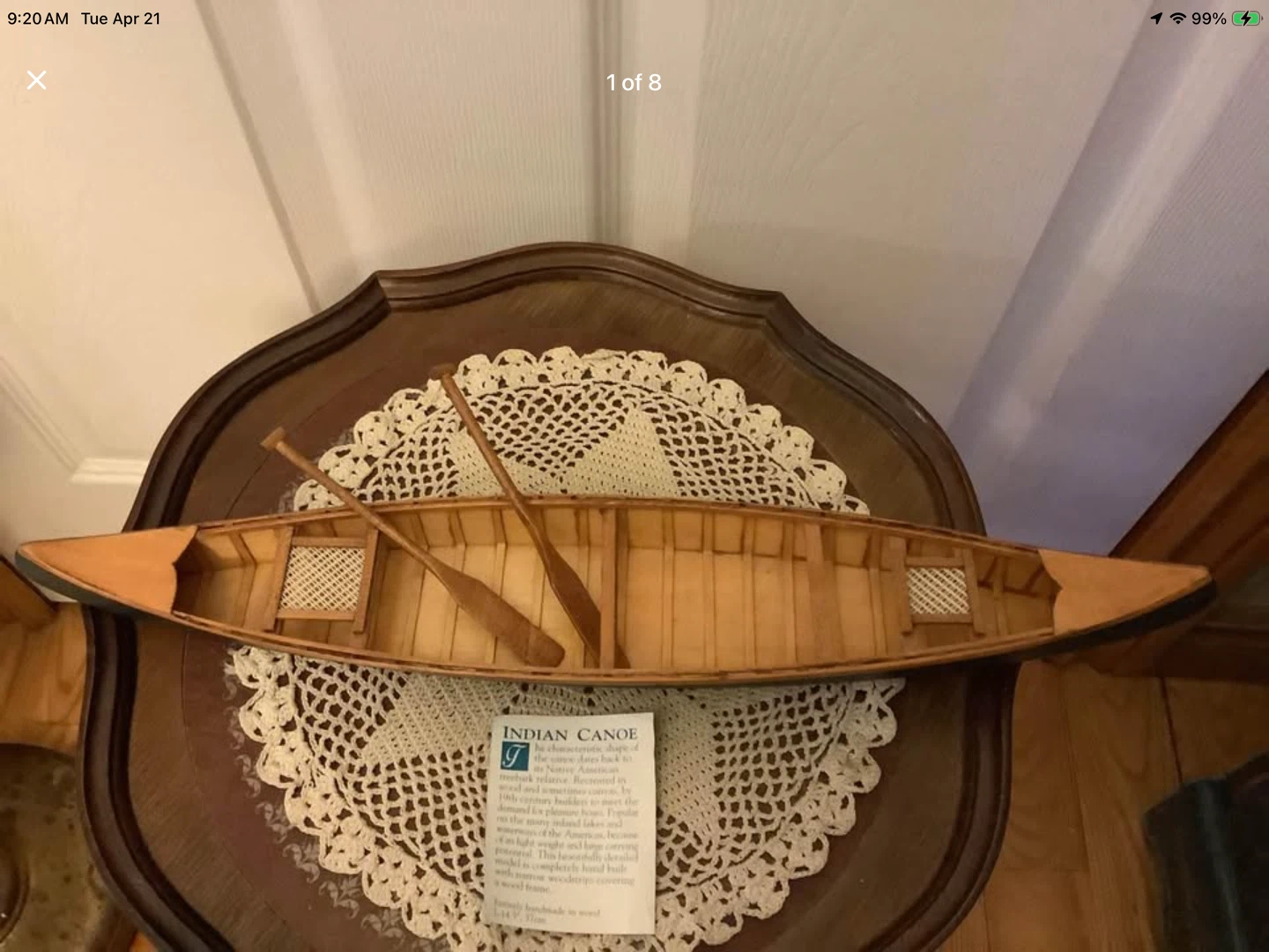 Hand Crafted Wood “Indian Canoe” w Two Cane Seats & Two Oars 🐞