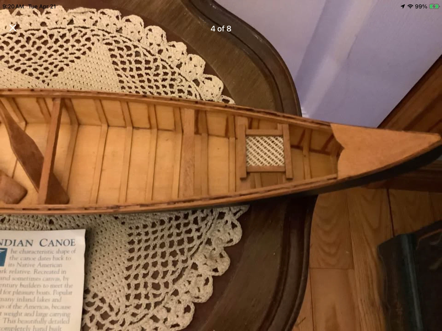 Hand Crafted Wood “Indian Canoe” w Two Cane Seats & Two Oars 🐞 - photo 4