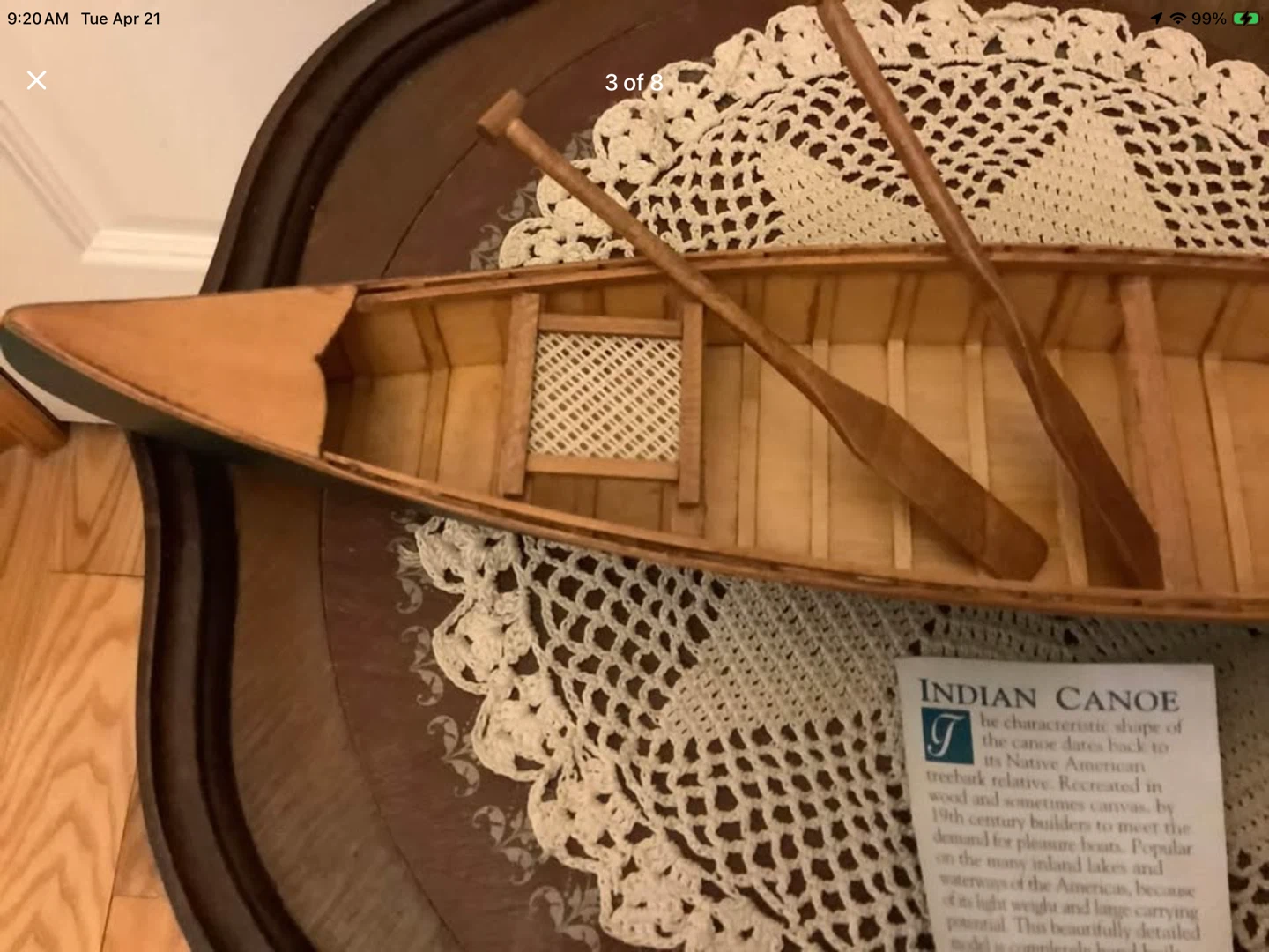 Hand Crafted Wood “Indian Canoe” w Two Cane Seats & Two Oars 🐞 - photo 3