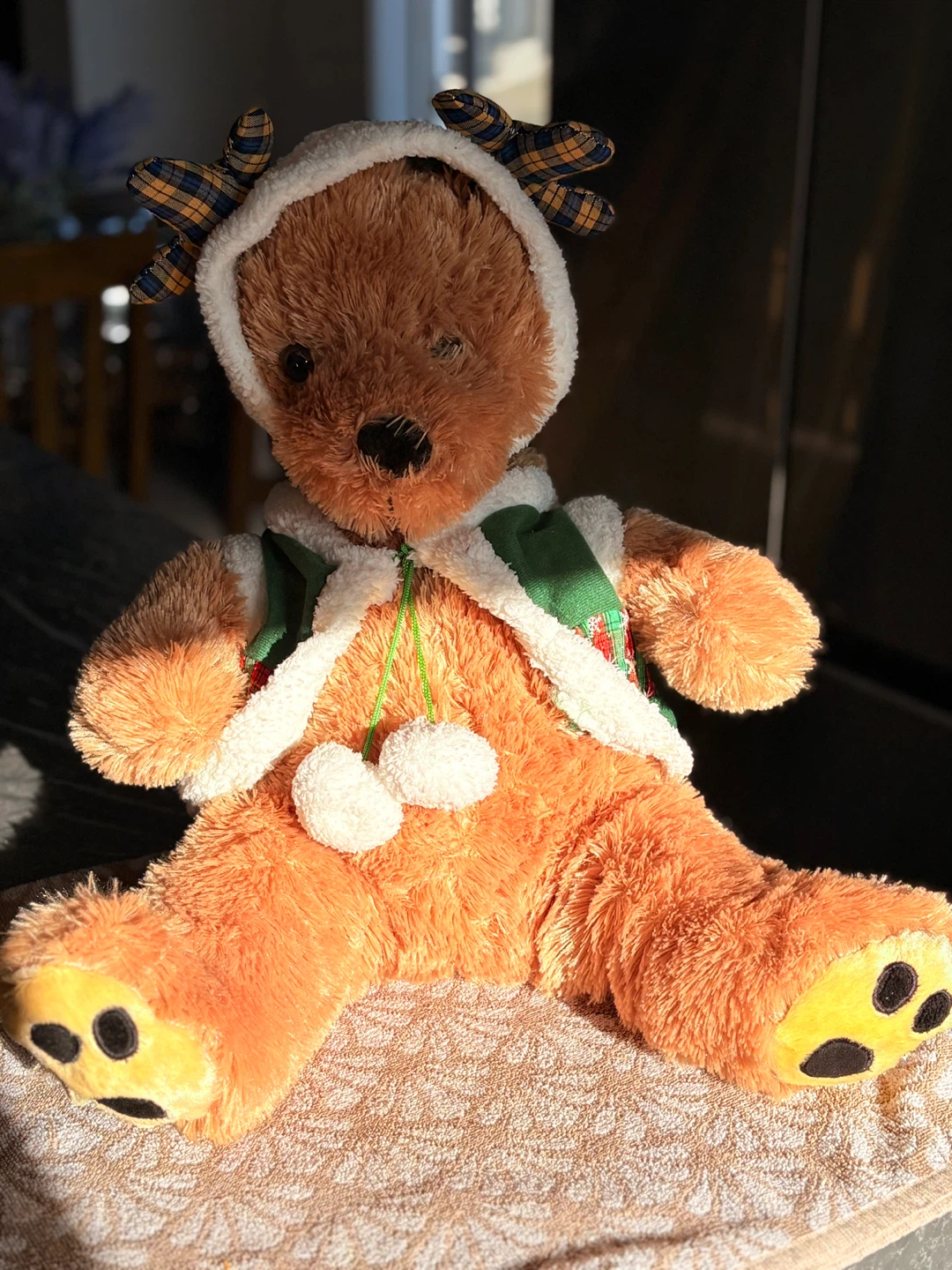 Plush Teddy Bear with Reindeer Antlers and Vest