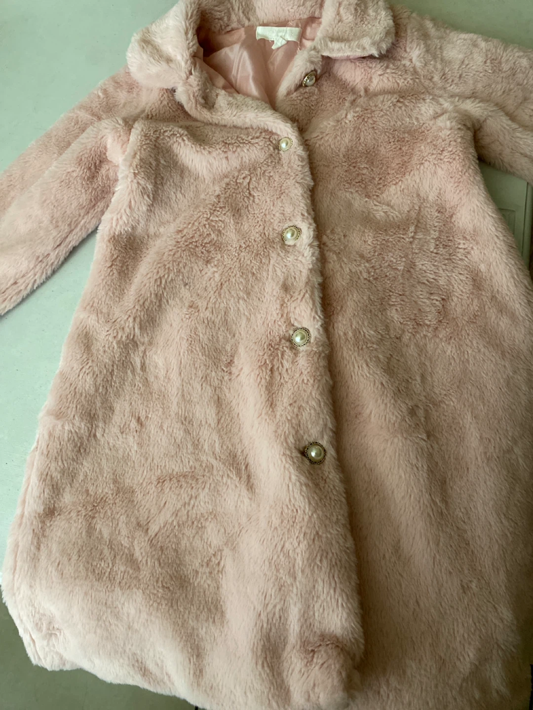 Pink Faux Fur Coat with Pearl Buttons