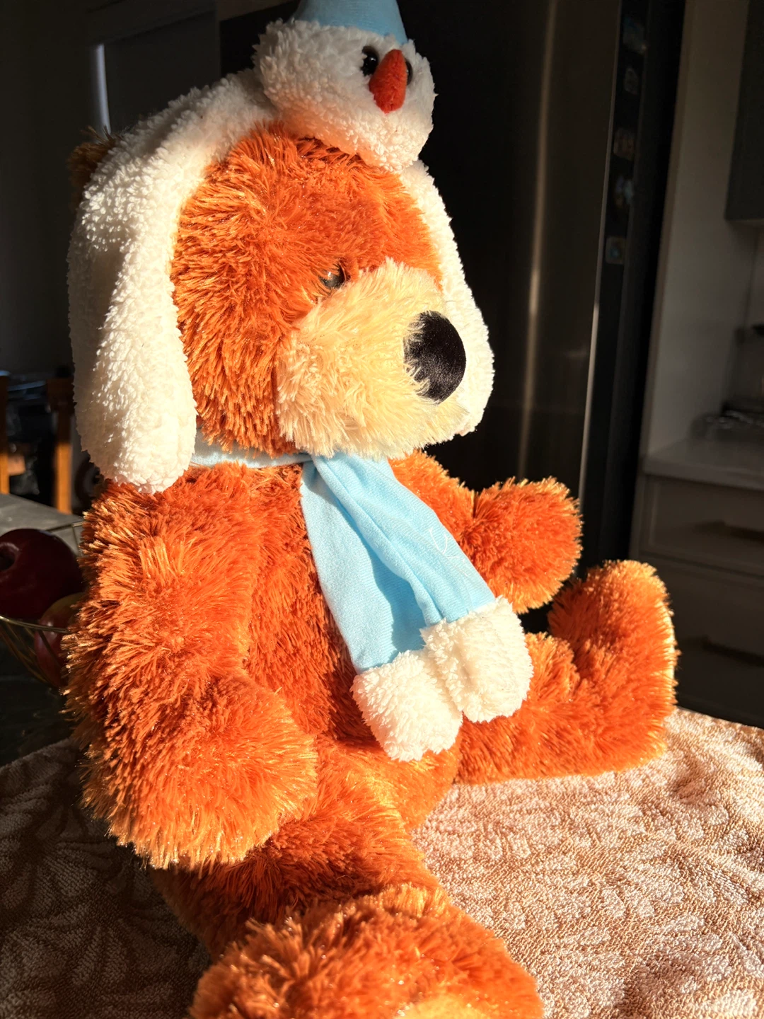 Orange Teddy Bear Plush with Snowman Hat & Scarf
