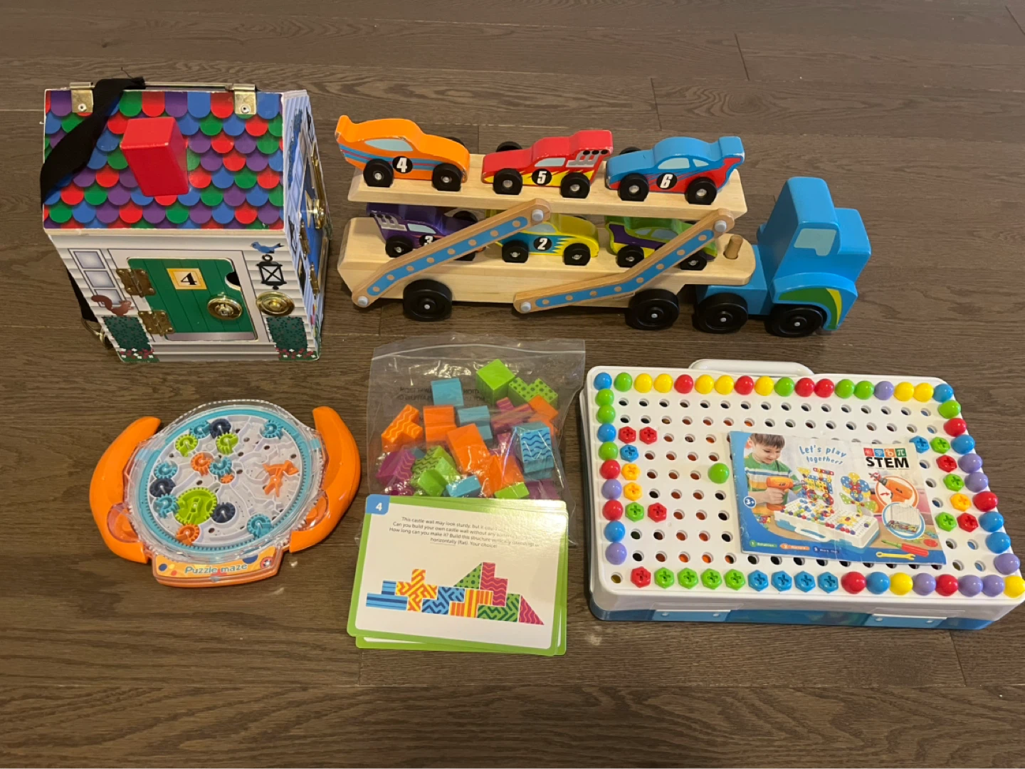 Kids' Toy Bundle: House, Cars on Truck, Drill & Building Set
