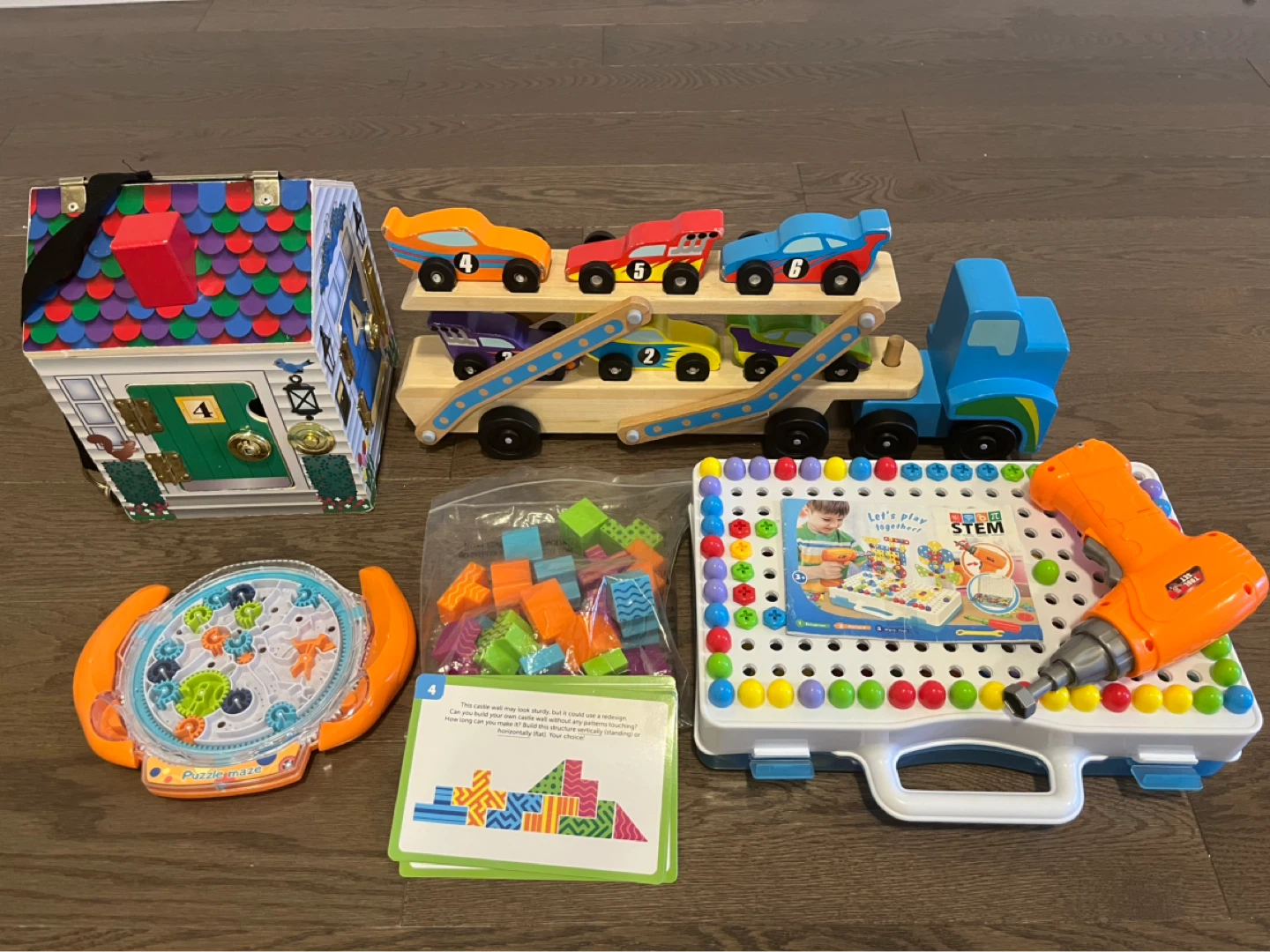 Kids' Toy Bundle: House, Cars on Truck, Drill & Building Set - photo 2