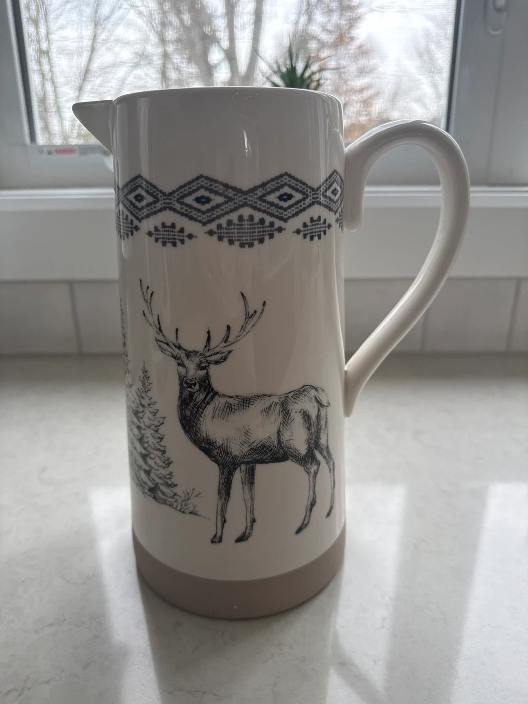 White Ceramic Pitcher with Deer and Woodland Design