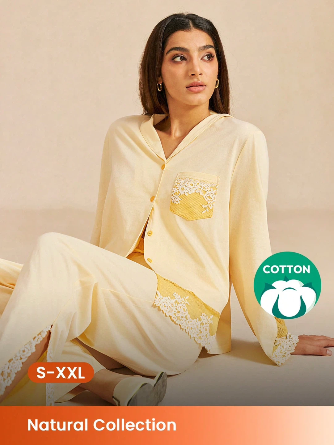 Women's Cotton Pajama Set - Yellow, S-XXL