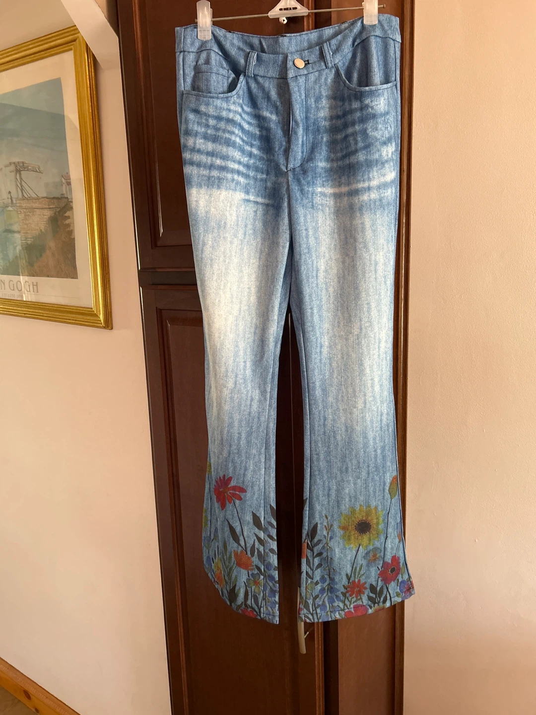 Blue Flare Jeans with Floral Print - Size Medium