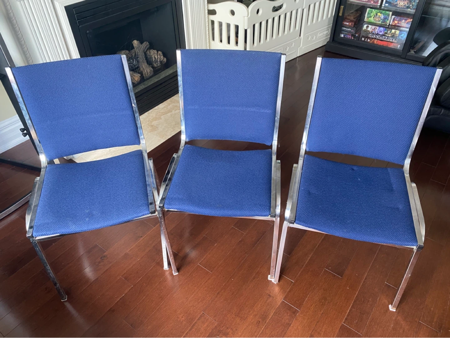 Set of 3 Blue Upholstered Chrome Chairs