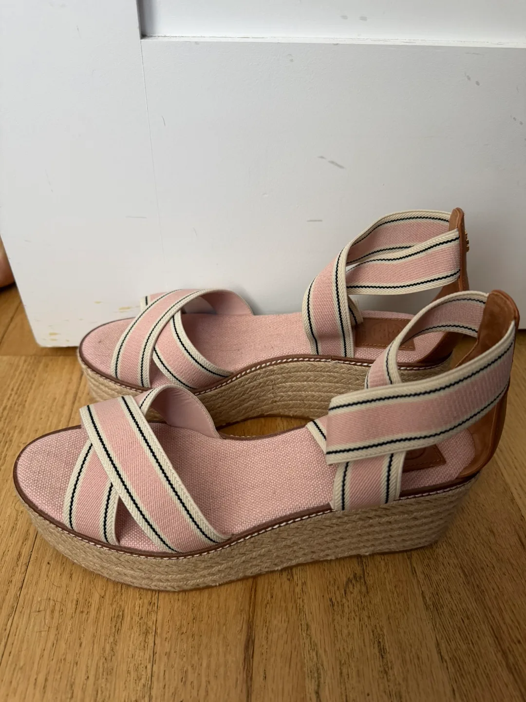 Tory Burch Espadrille Wedge Sandals Pink Striped Size 7