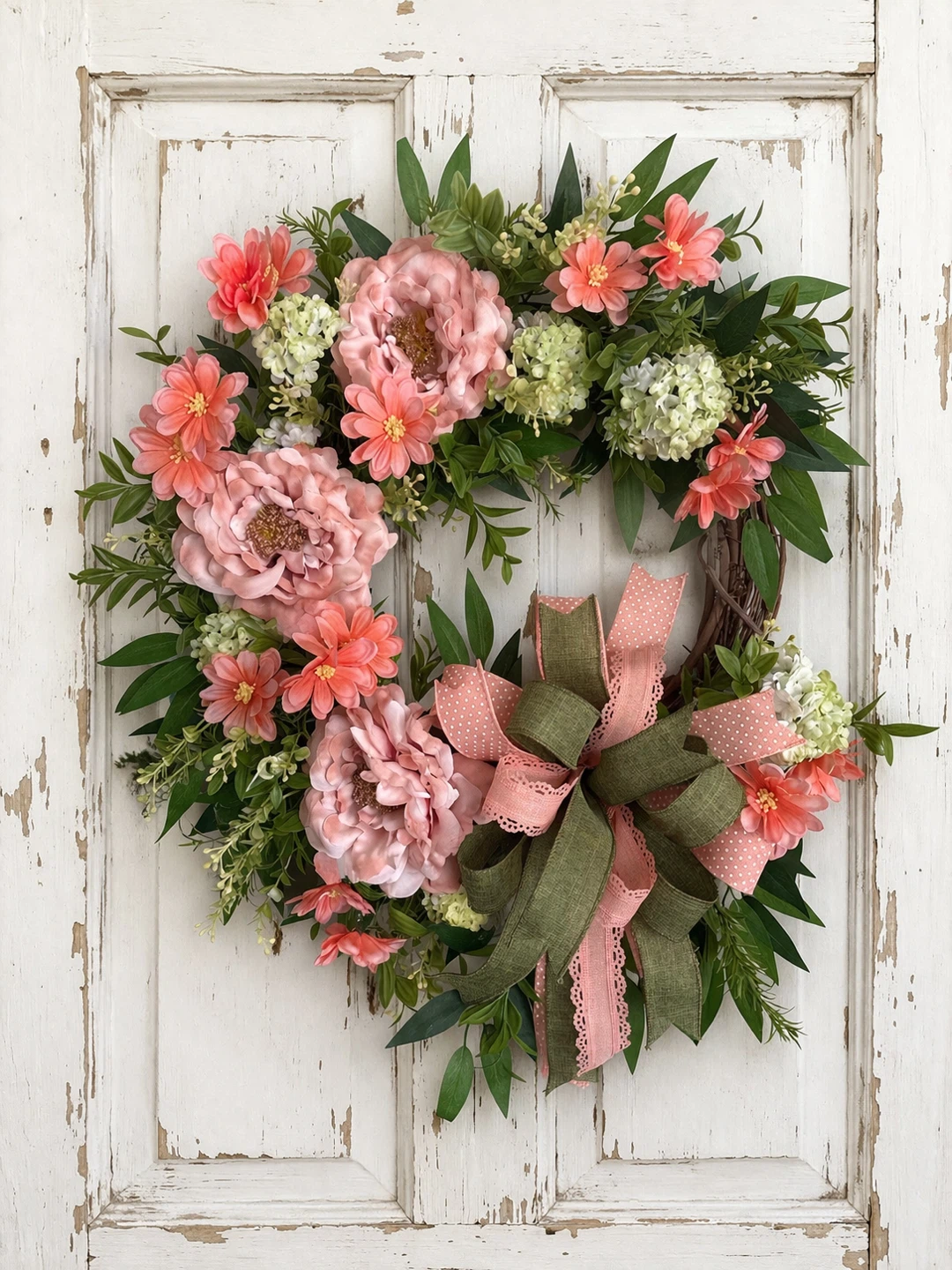 Spring Floral Wreath with Pink Peonies and Green Bow