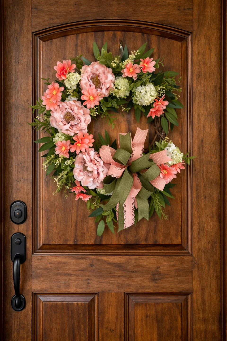 Spring Floral Wreath with Pink Peonies and Green Bow - photo 2