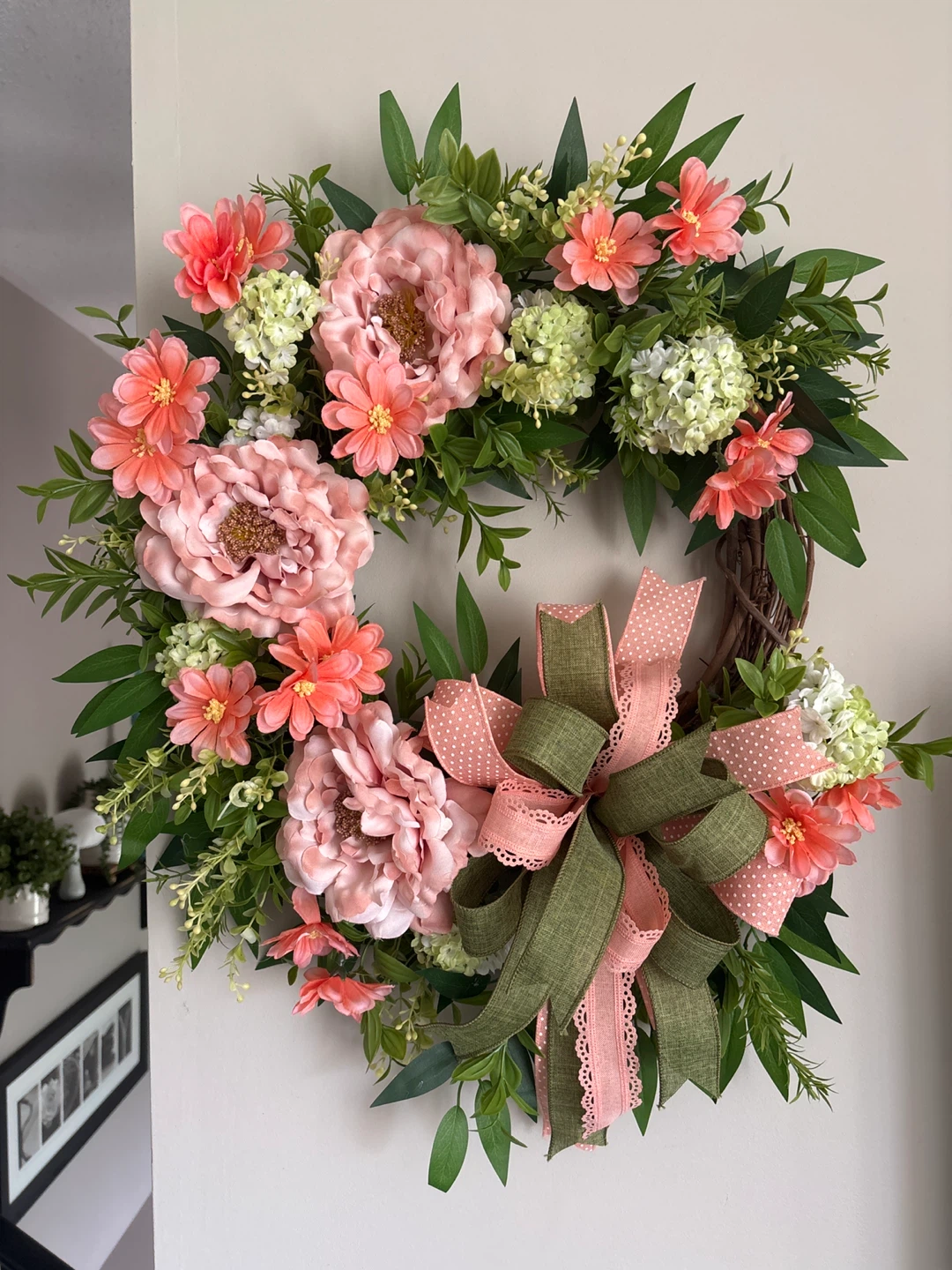 Spring Floral Wreath with Pink Peonies and Green Bow - photo 3