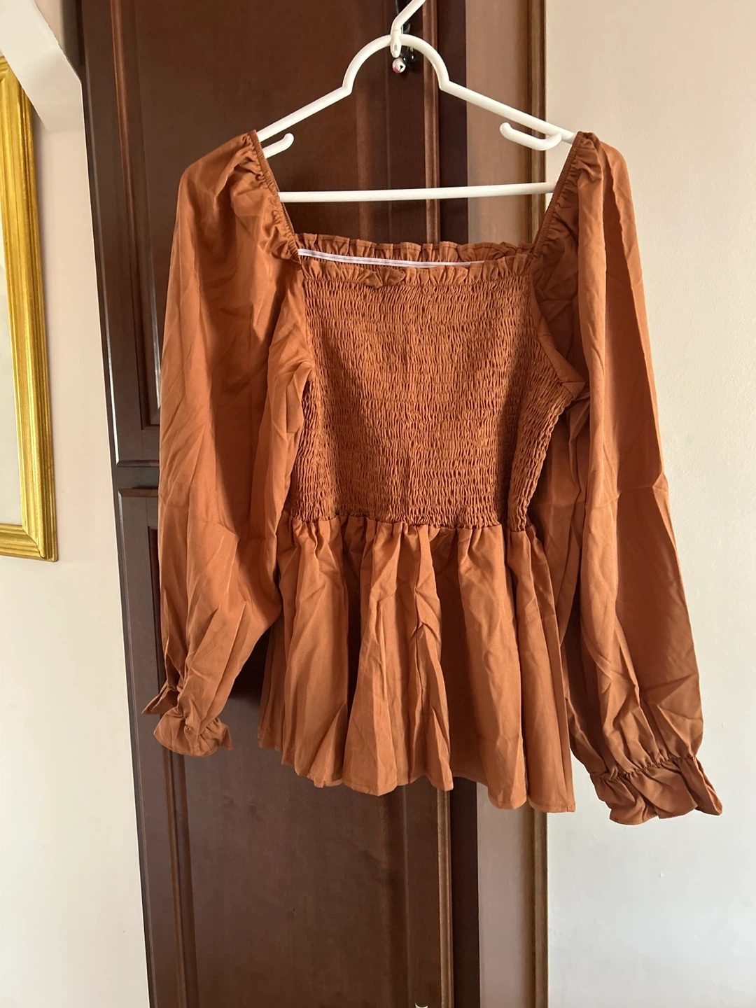 Smocked Square Neck Peplum Blouse - Rust Color