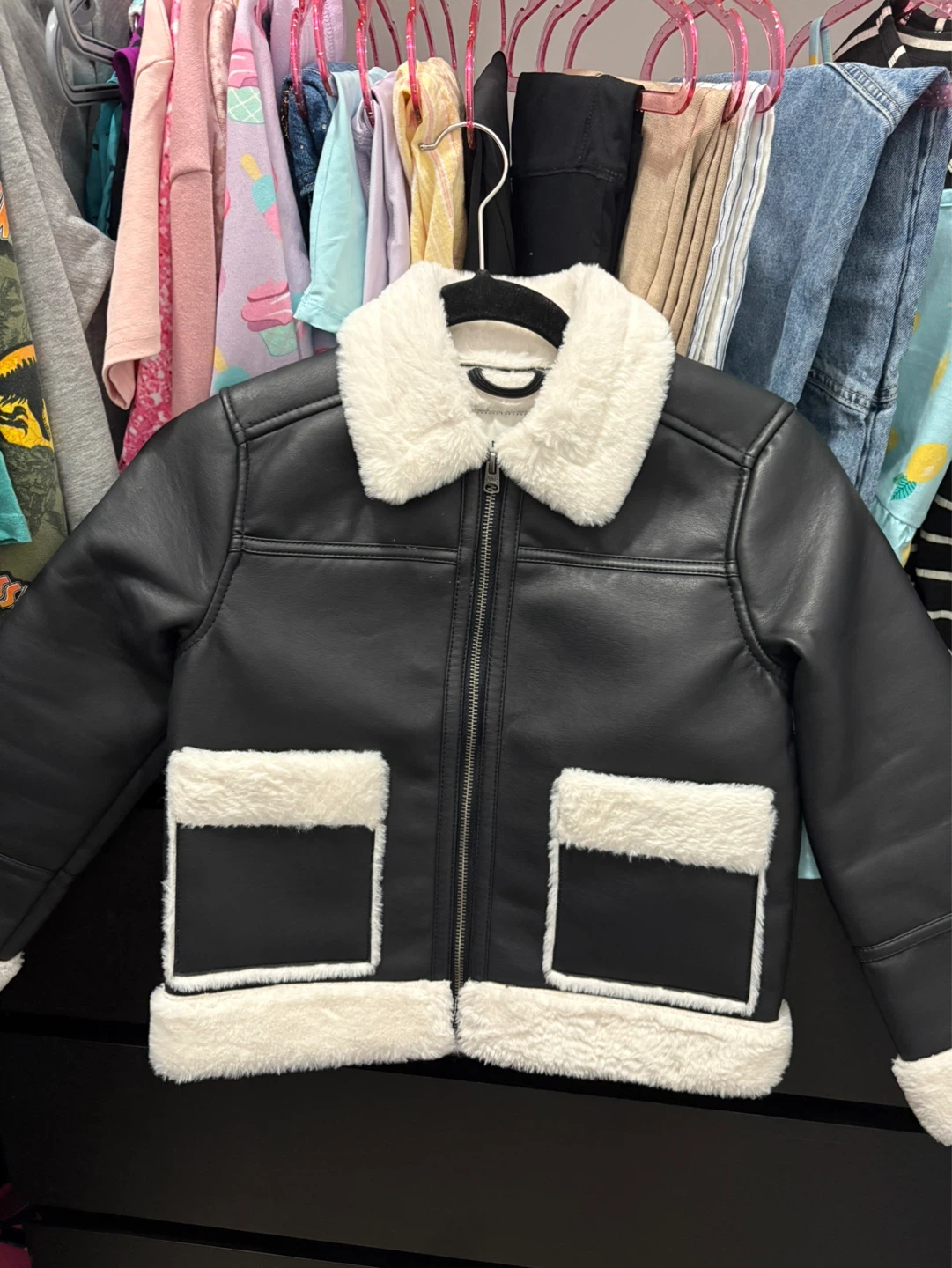 Abercrombie Kids Black Faux Leather & Sherpa Jacket Size 7/8