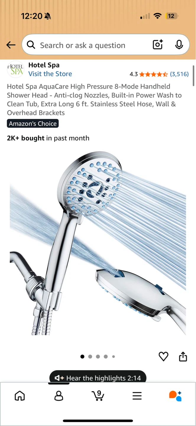 Hotel Spa AquaCare 8-Mode Handheld Shower Head