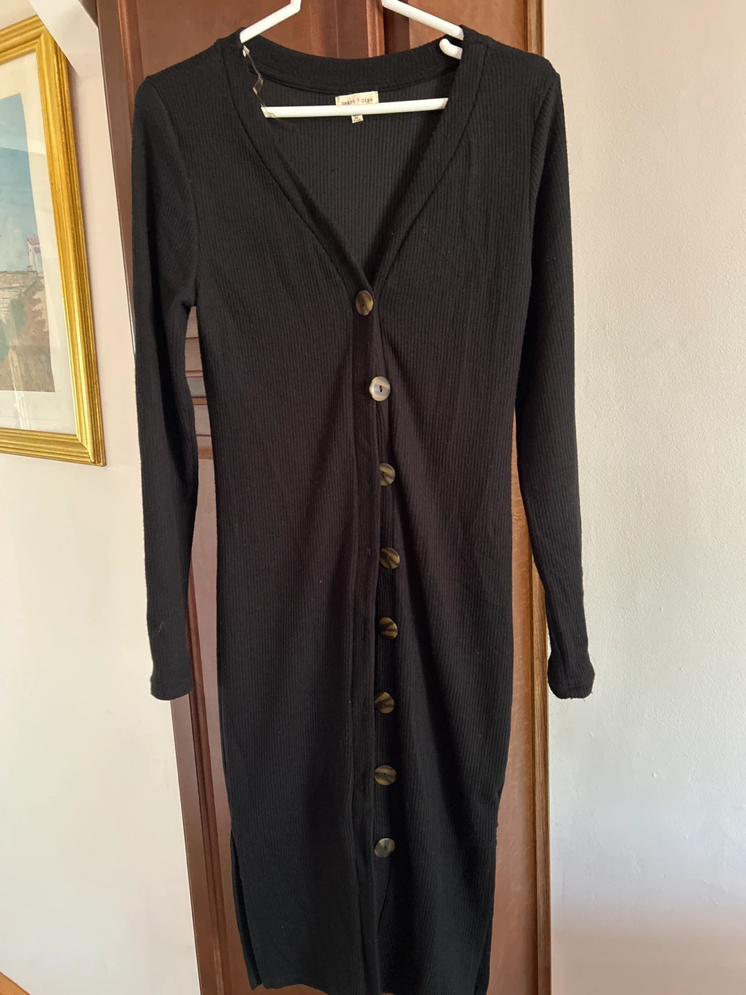 Black Ribbed Button-Front Midi Dress