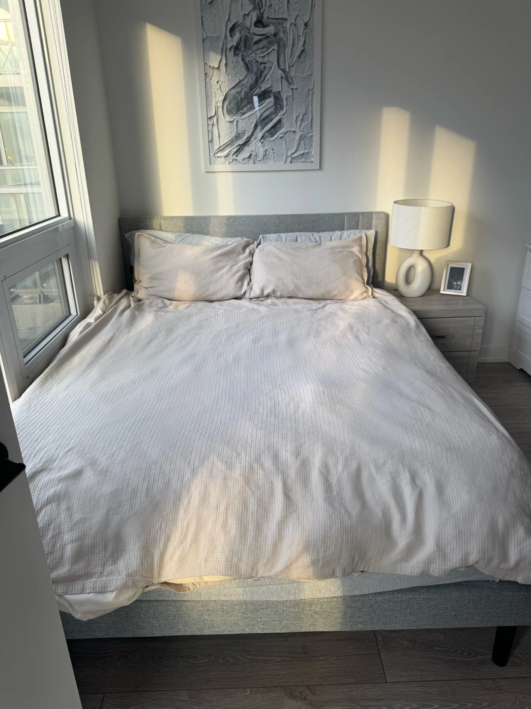 Mattress and Grey Fabric Queen Bed Frame with Headboard
