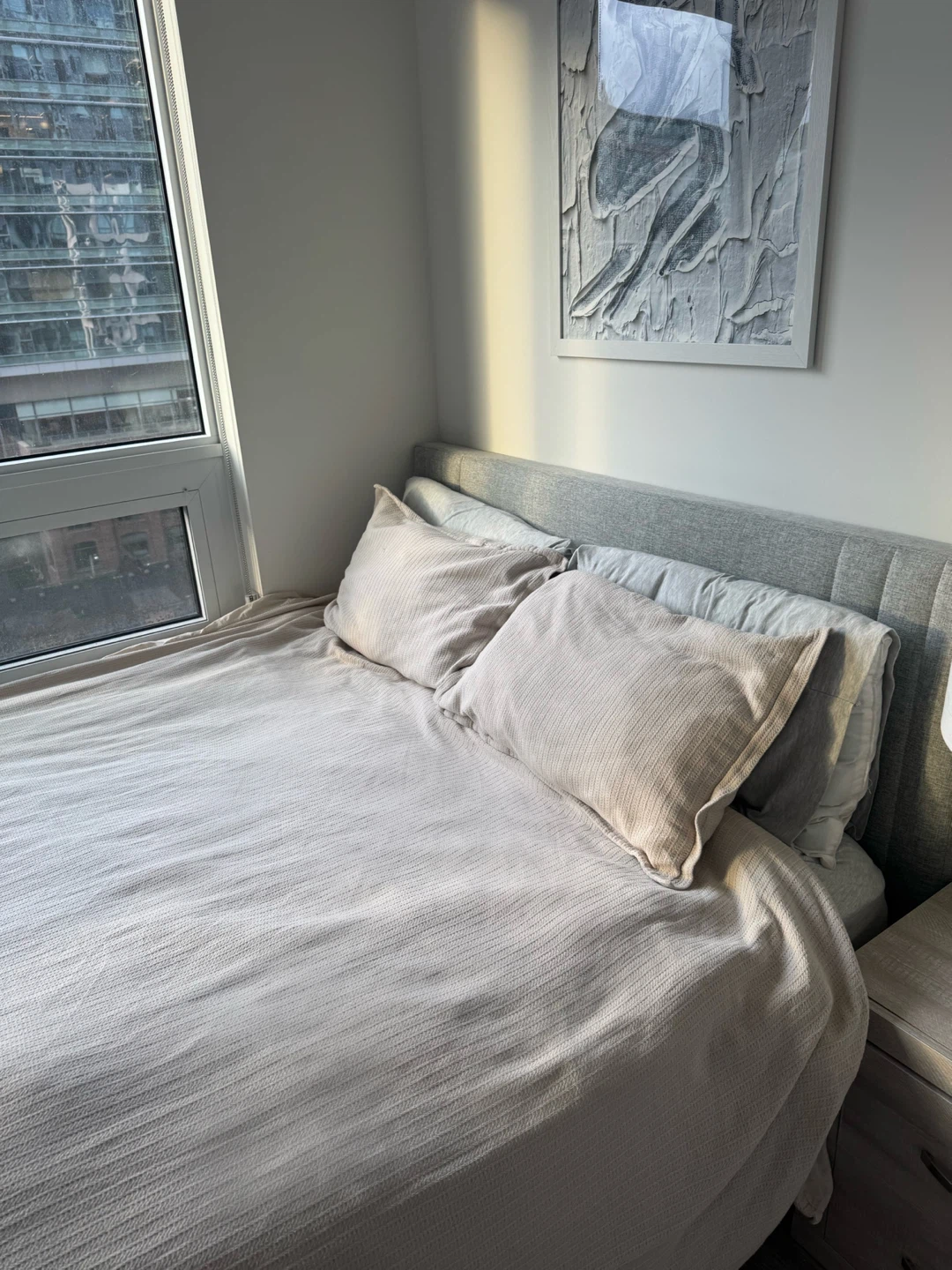 Mattress and Grey Fabric Queen Bed Frame with Headboard - photo 2