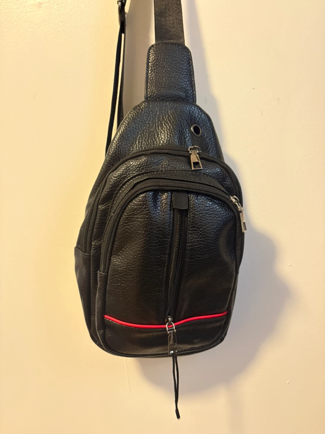 Black Faux Leather Sling Bag with Red Accent