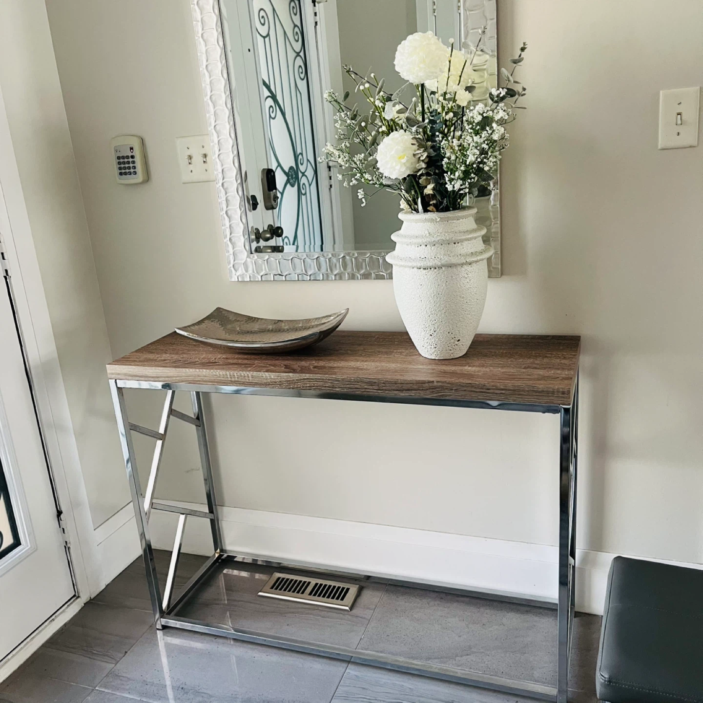 Console Table - Wood Top with Chrome Frame, Mirror and bench
