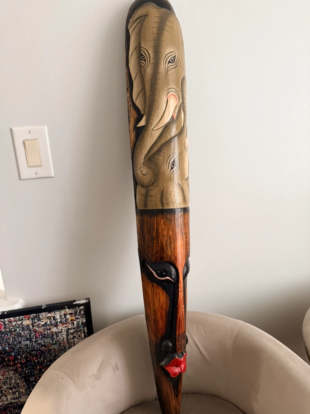 Wooden African Mask with Elephant Carving