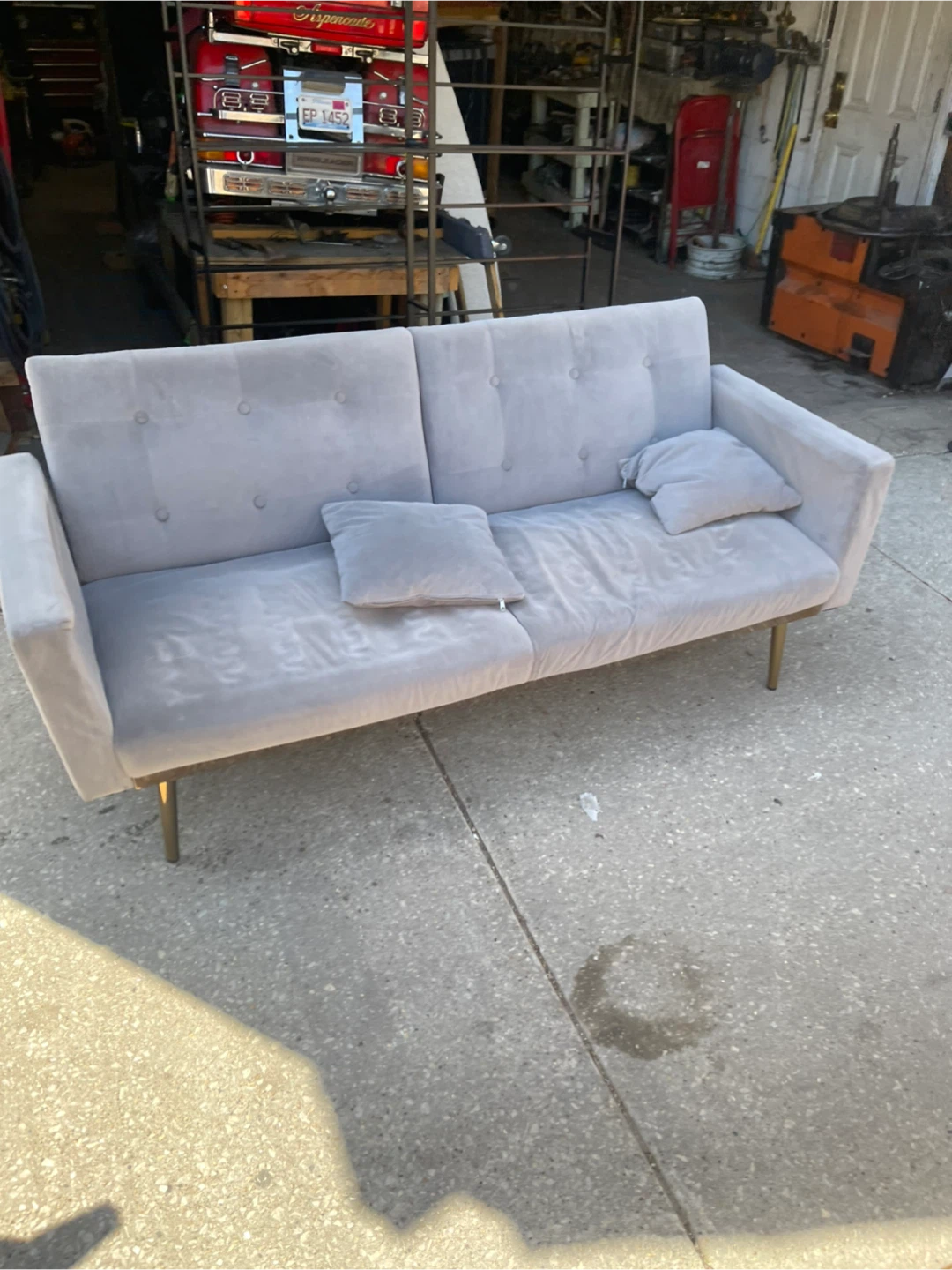 Gray Velvet Futon Sofa with 2 Pillows - photo 2