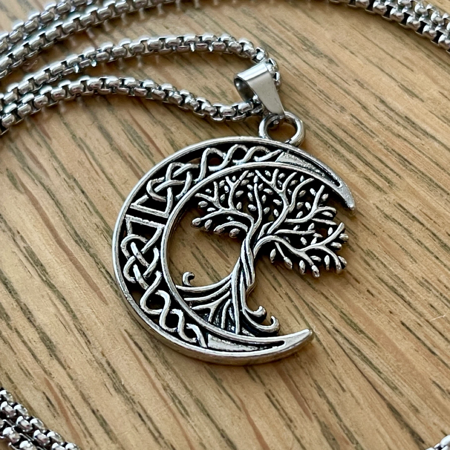 Tree of life & crescent moon stainless steel necklace