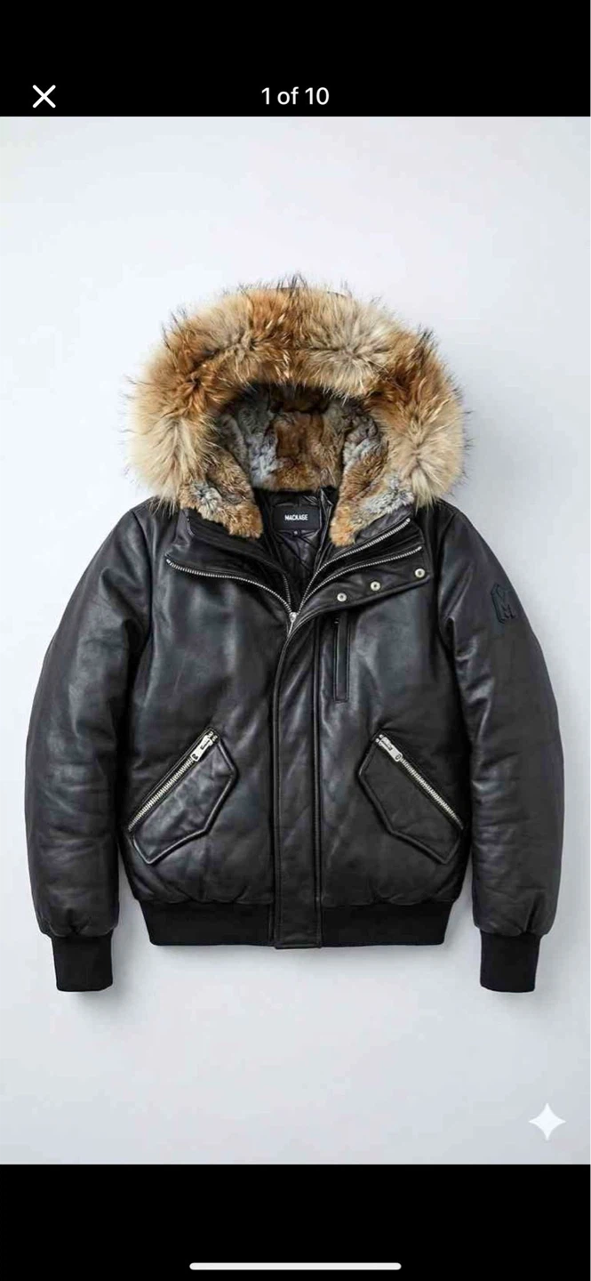 MACKAGE Black Leather Bomber Jacket with Fur Hood