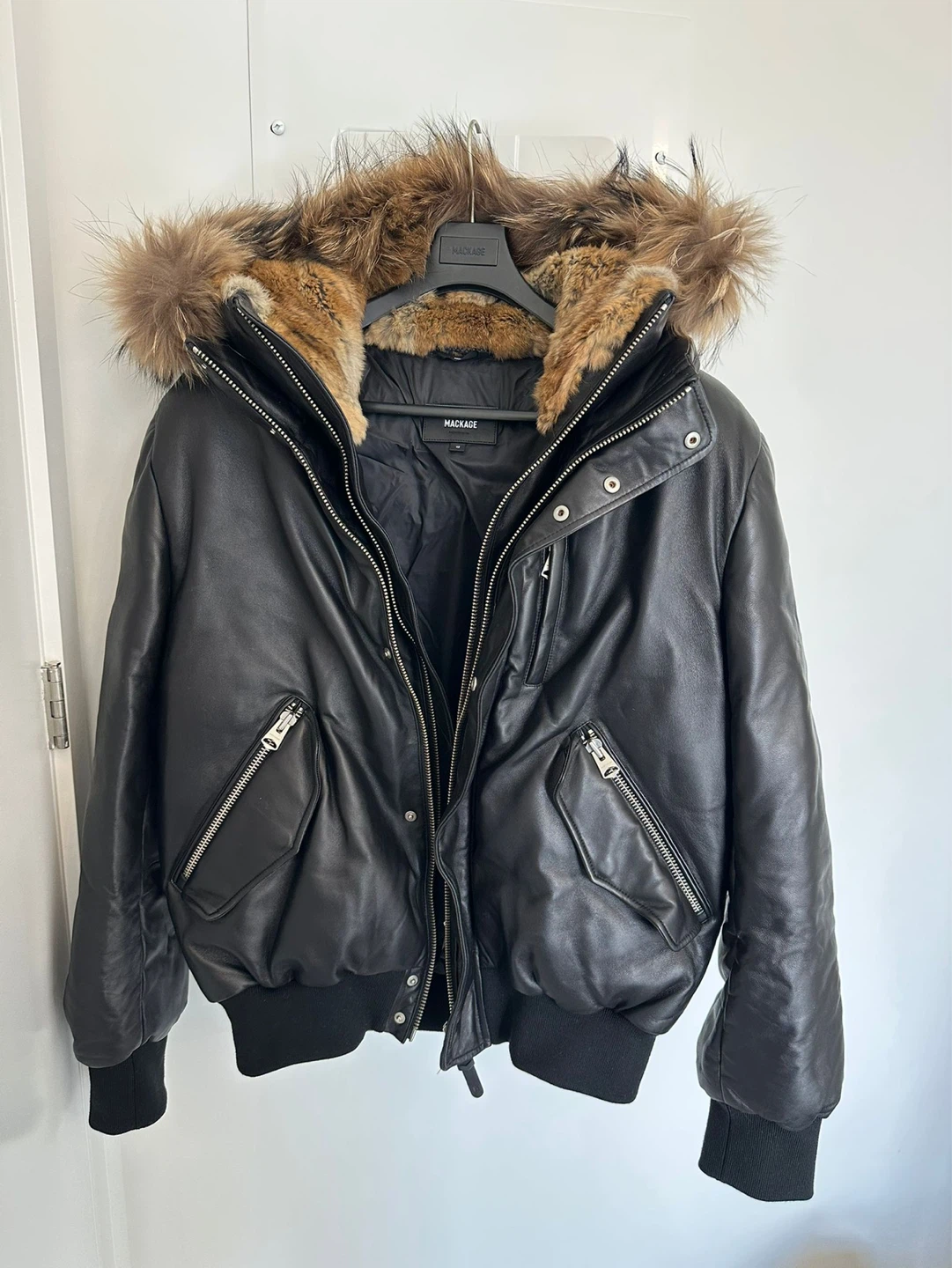 MACKAGE Black Leather Bomber Jacket with Fur Hood - photo 3