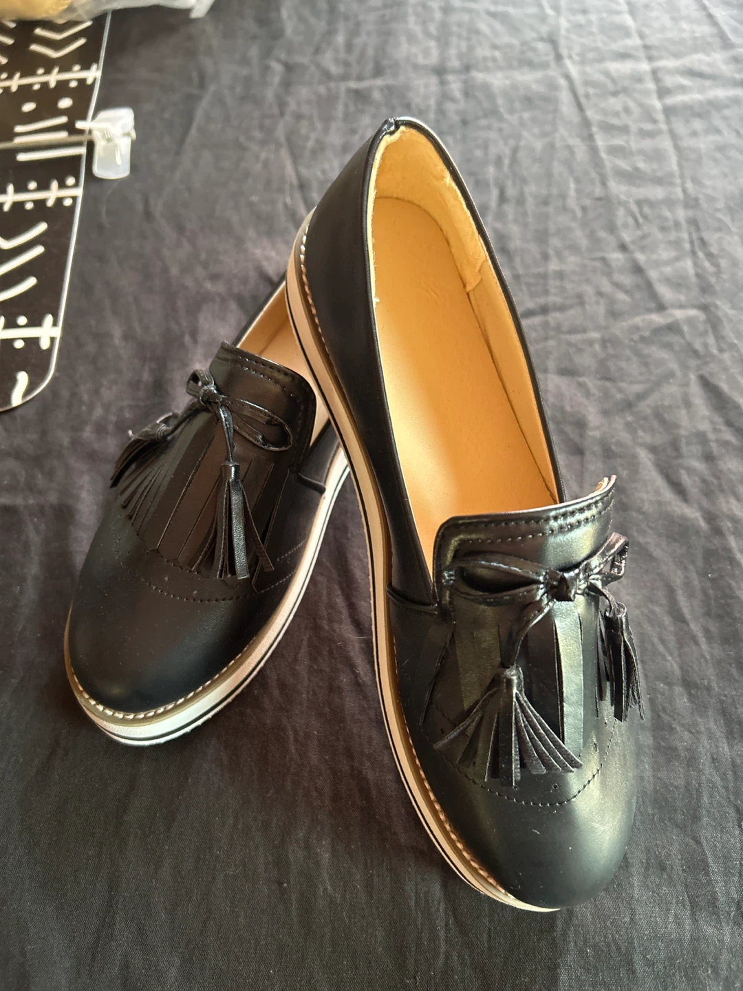Black Faux Leather Loafers with Tassels and Bows - Size 8