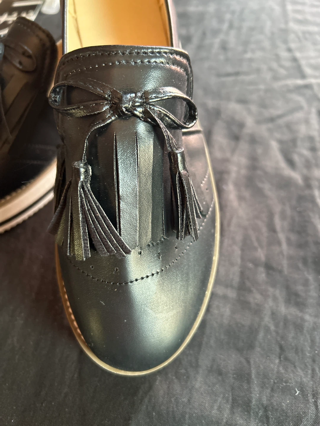Black Faux Leather Loafers with Tassels and Bows - Size 8 - photo 2