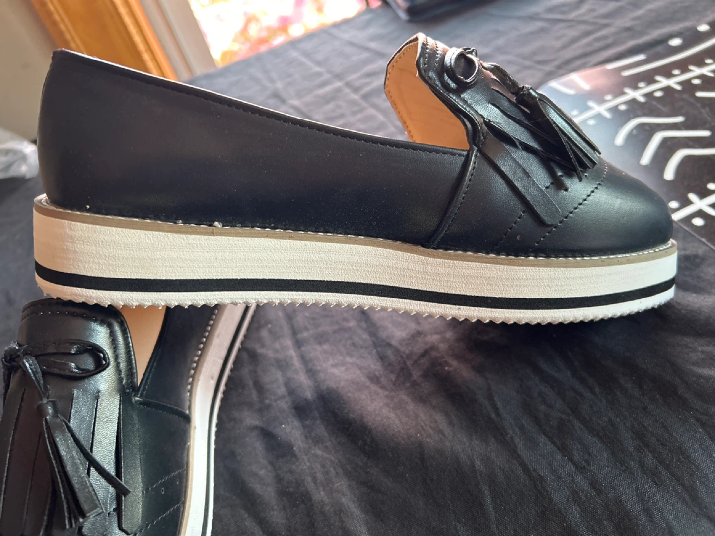 Black Faux Leather Loafers with Tassels and Bows - Size 8 - photo 3