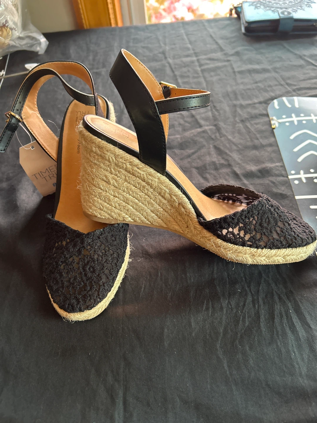 Time and Tru Black Lace Wedge Espadrille Sandals Size 8