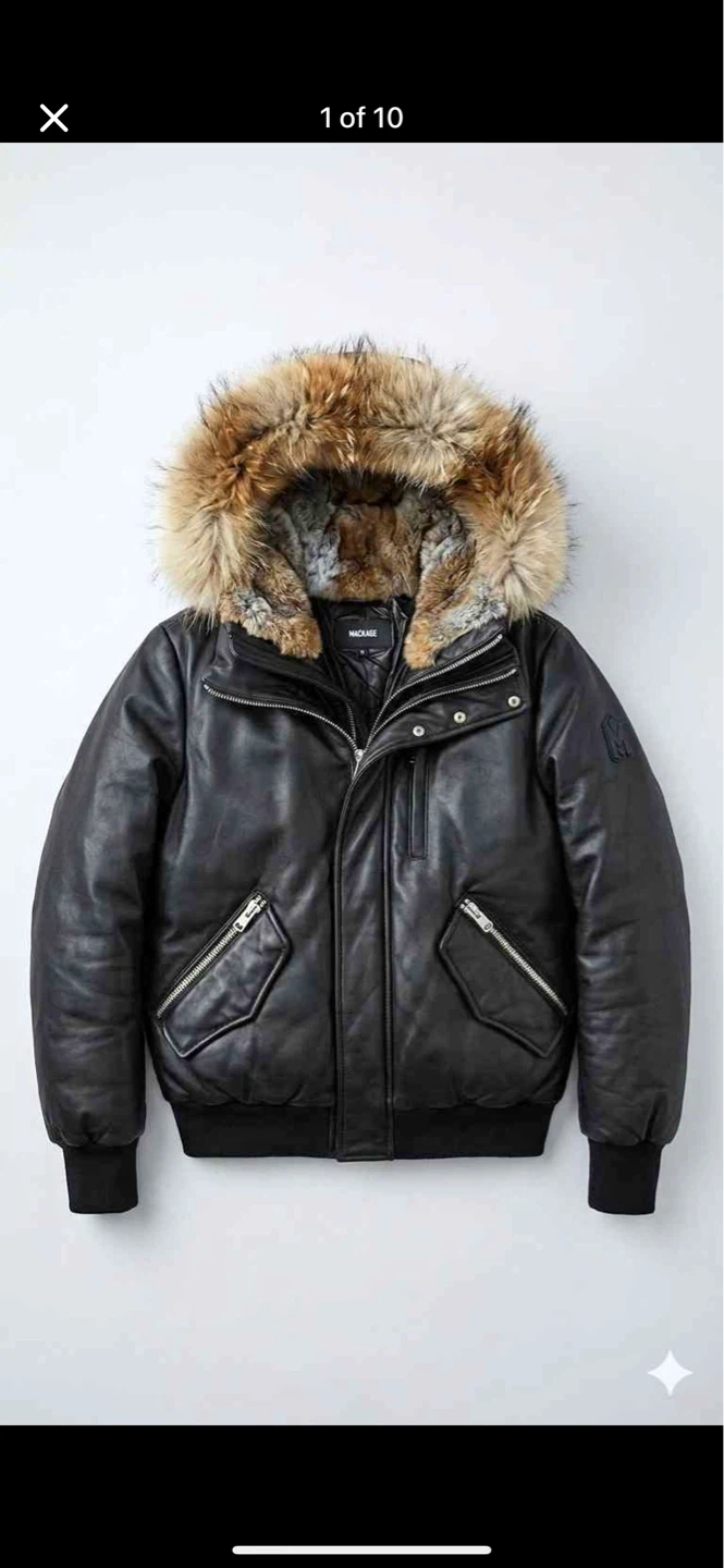 MACKAGE Black Leather Bomber Jacket with Fur Hood - photo 2