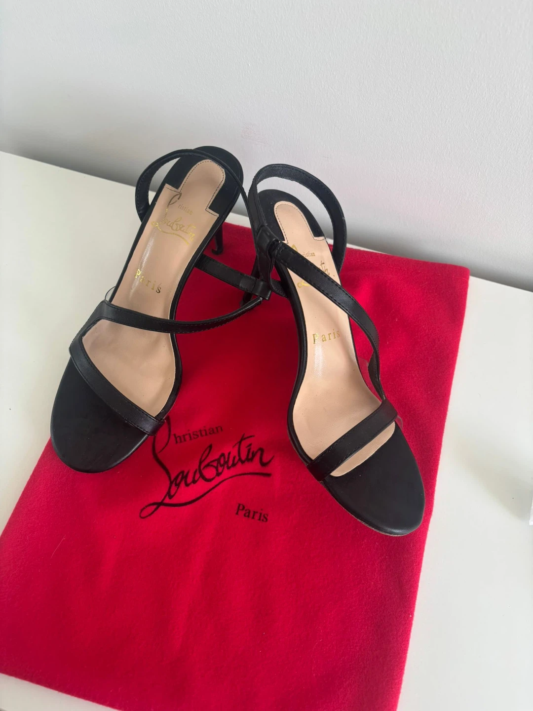 Christian Louboutin Black Leather Strappy Heels - Size 38