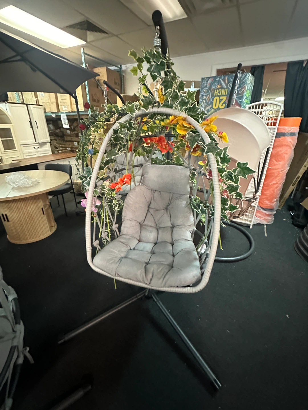Hanging Egg Chair with Grey Cushion and Faux Greenery - photo 2