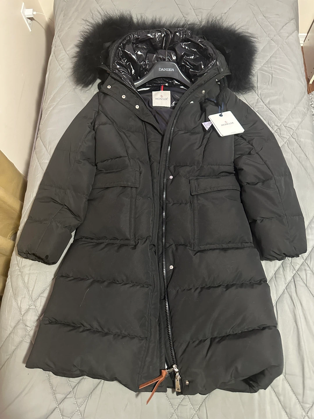 Moncler Black Down Puffer Coat with Fur Hood