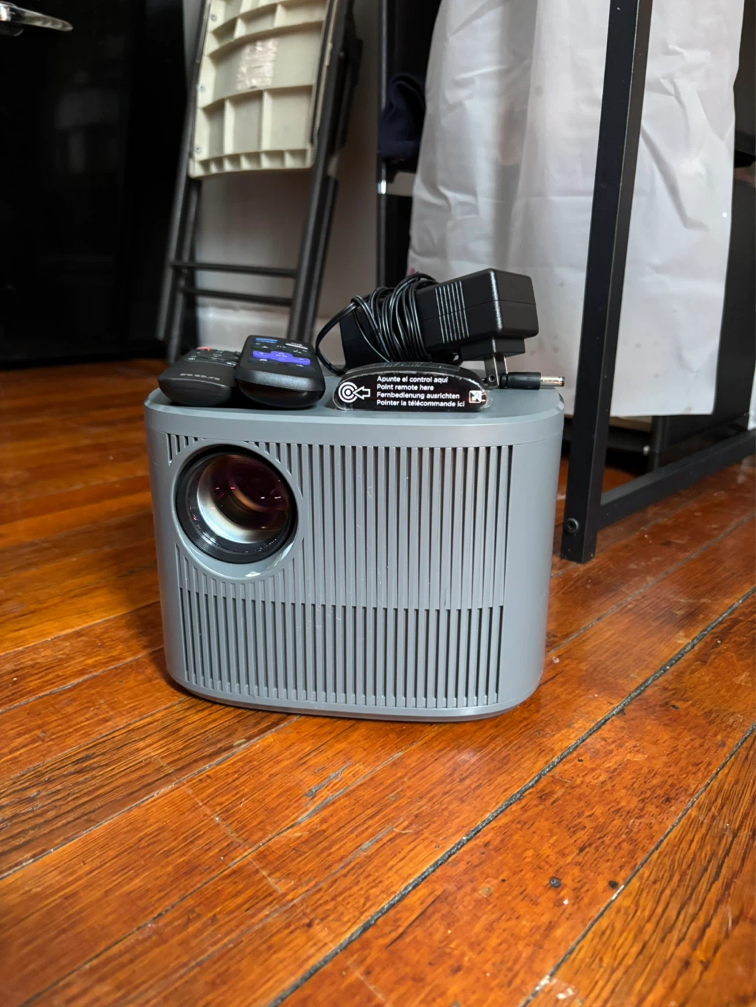 Gray Mini Projector with Remote and Power Adapter