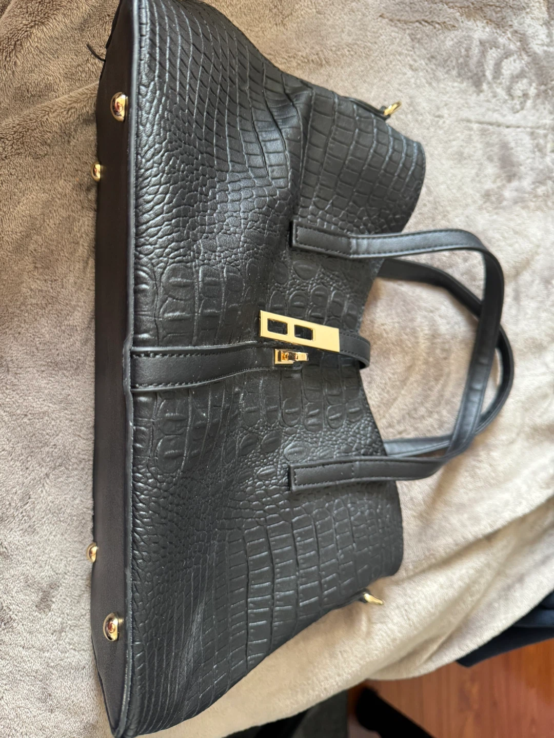Black Faux Croc Tote Bag with Shoulder Strap