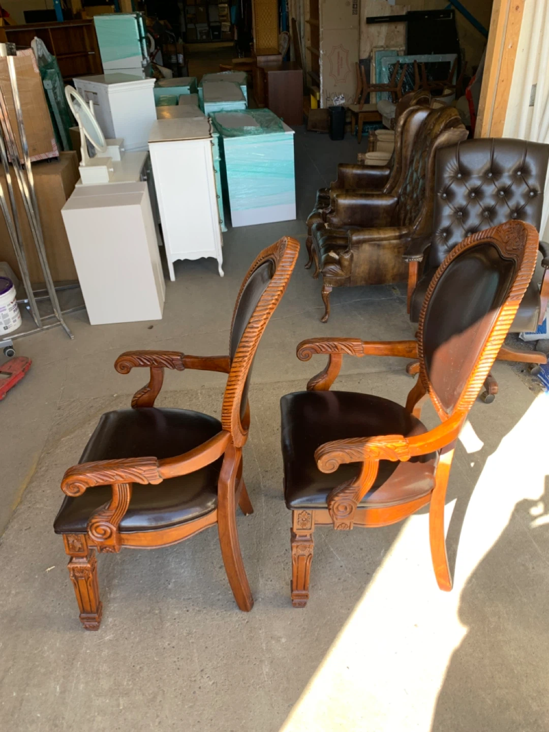 2 Carved Wood Vintage Chairs with Dark Leather Upholstery - photo 4