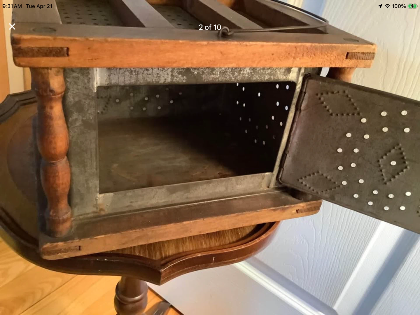 19th Century Primitive Pierced Tin & Wood Foot Warmer 🐞 - photo 2