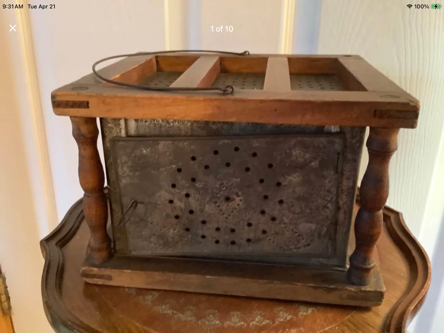 19th Century Primitive Pierced Tin & Wood Foot Warmer 🐞