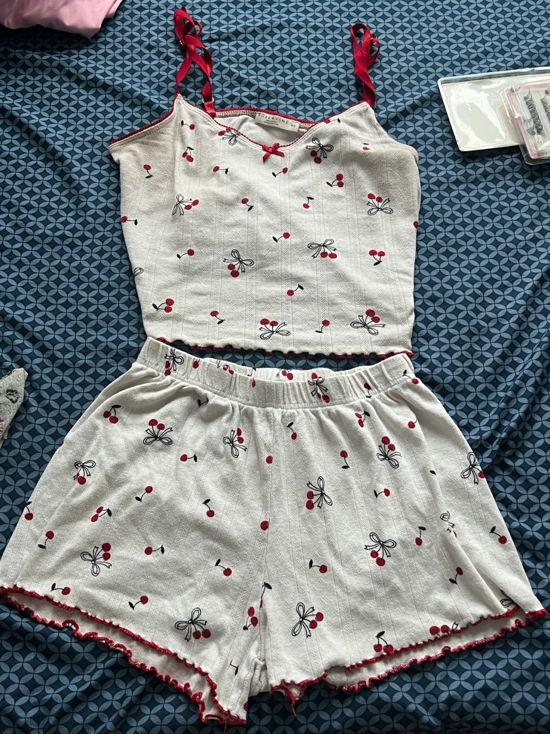 White Cherry Print Pajama Set