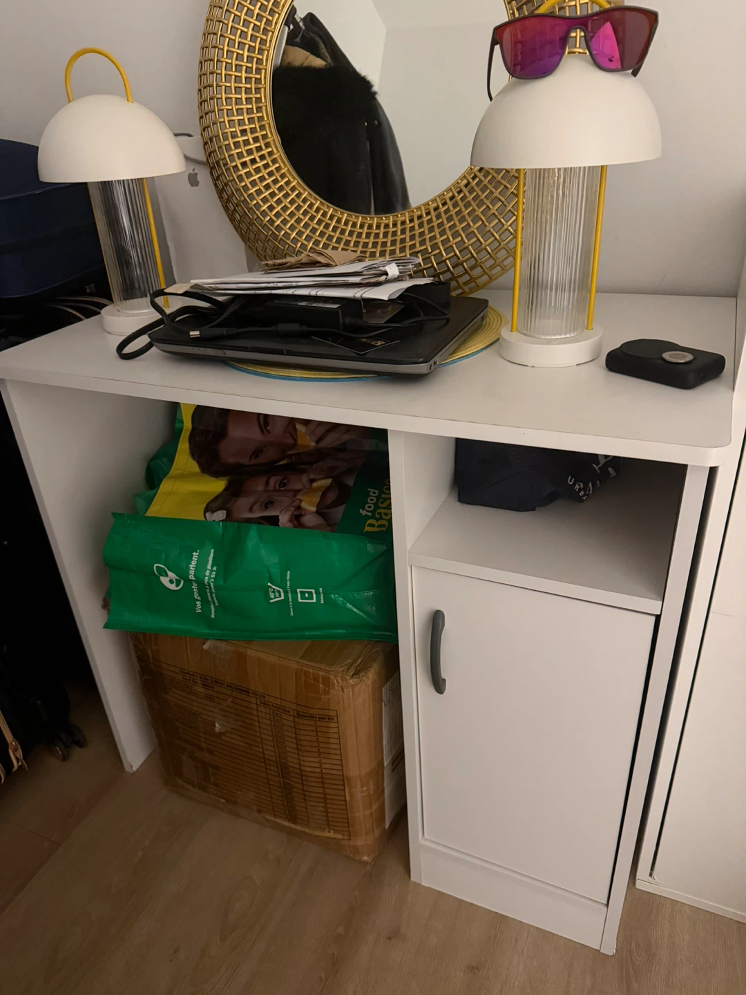 White Desk with Sliding Door Cabinet