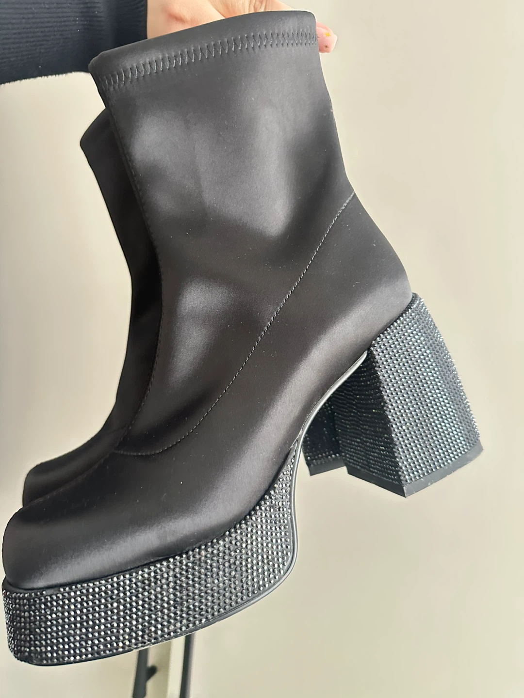 Black Platform Ankle Boots with Rhinestone Heels