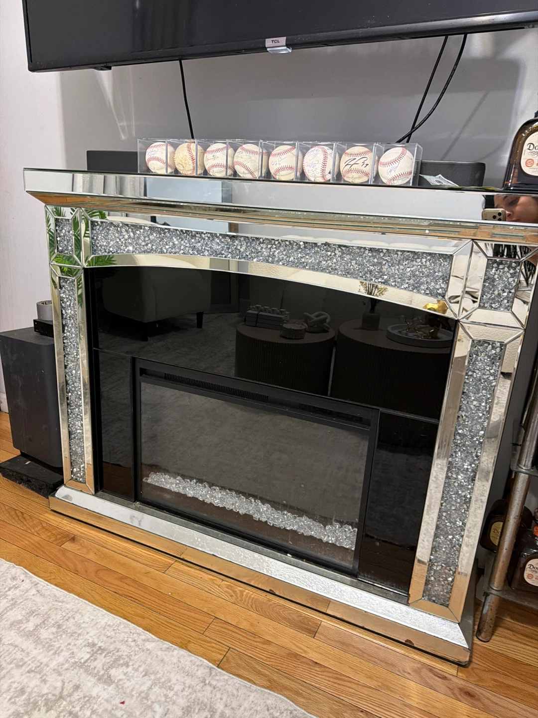 Mirrored Faux Fireplace with Crushed Crystal Embellishments