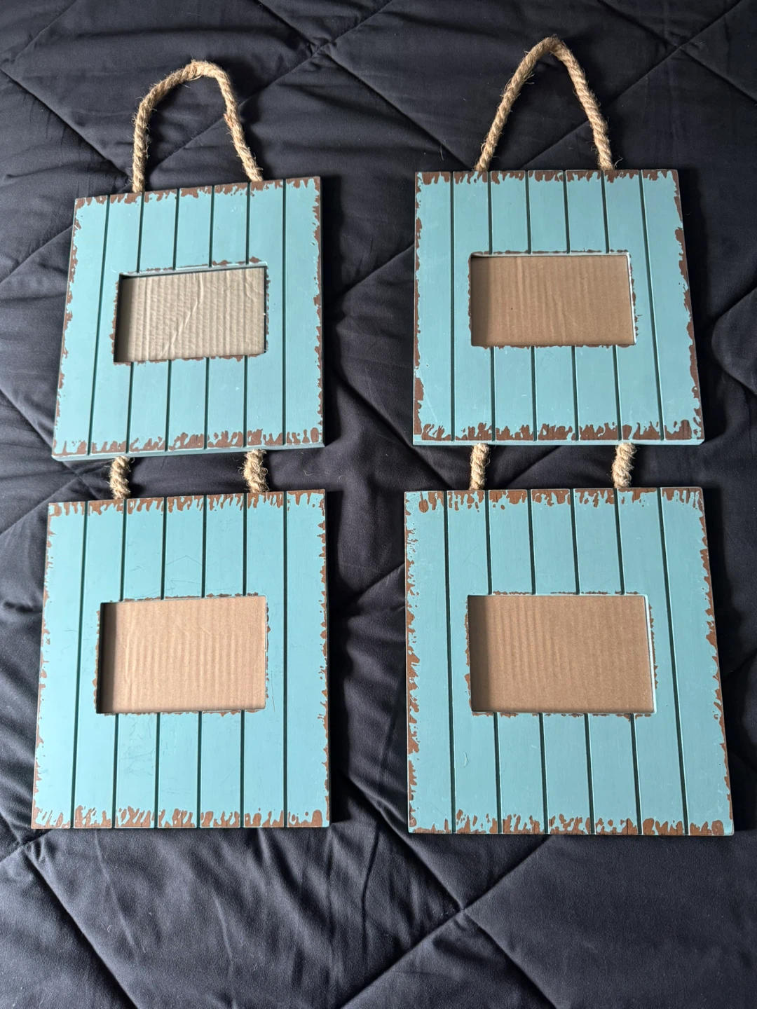 Set of 2 Light Blue Rustic Picture Frames with Rope Hangers
